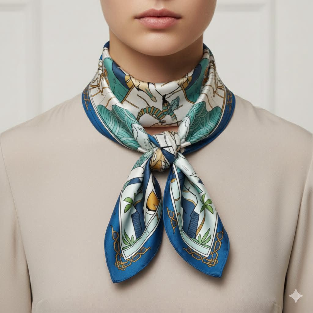 Birqiye silk scarf tied at the neck